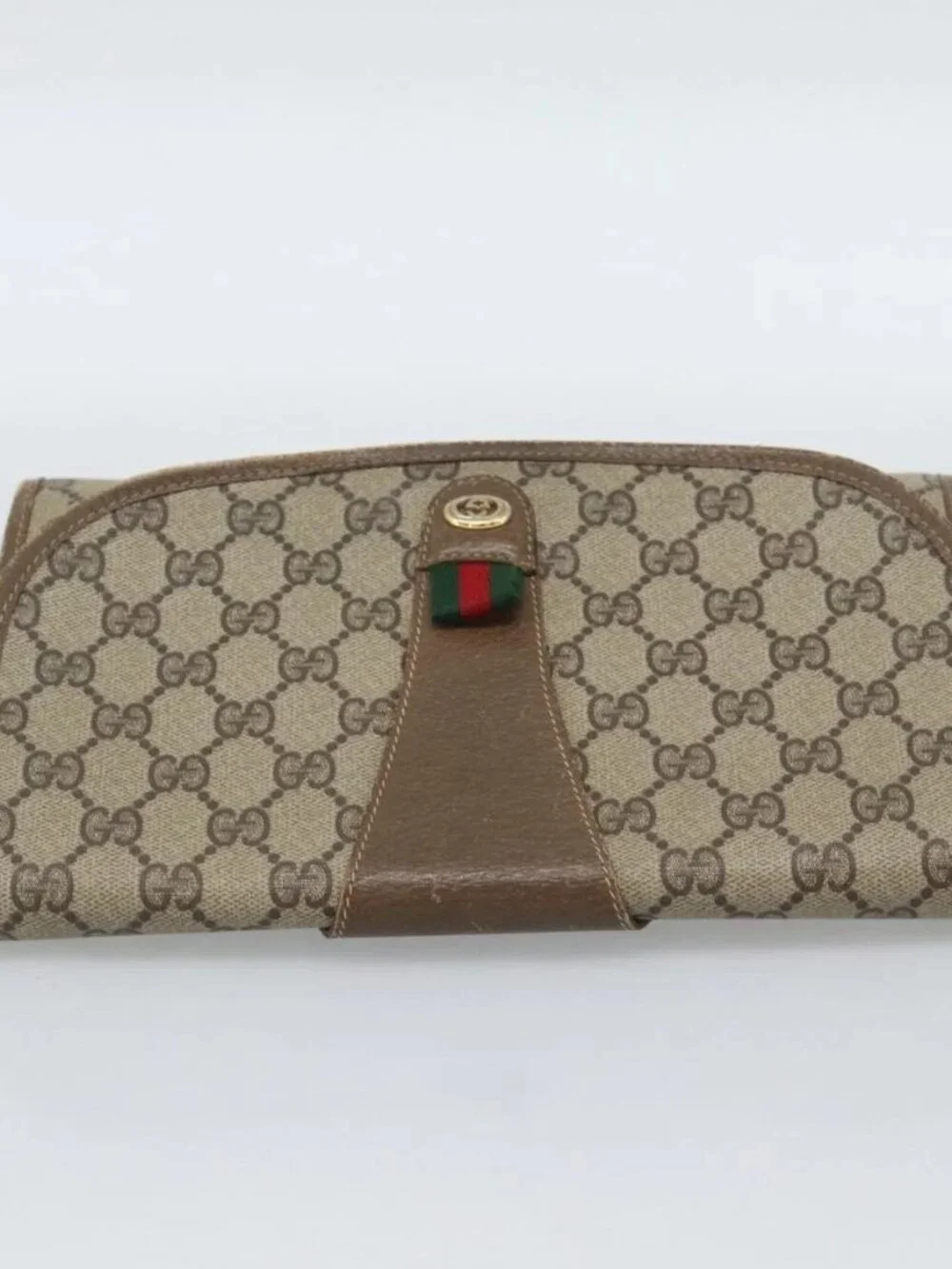 GUCCI GG Supreme Web Sherry Line Clutch Bag PVC Beige Gold 89 01 030 Auth 184406